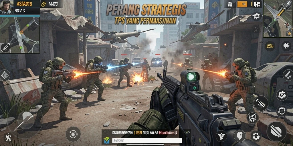 Tangkapan layar gameplay ASIA918 menampilkan aksi pertempuran TPS yang intens.