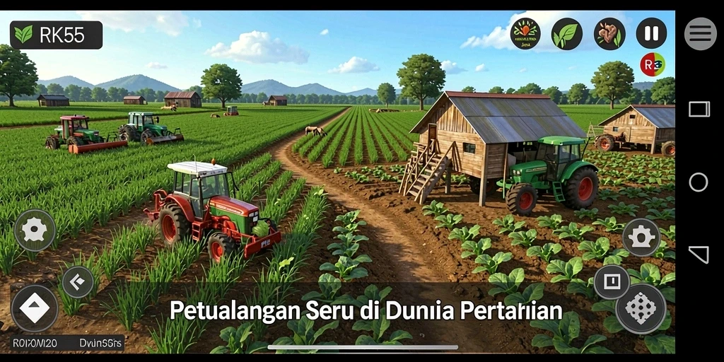 Tampilan seru gameplay RK55 dengan aktivitas bertani yang menyenangkan.