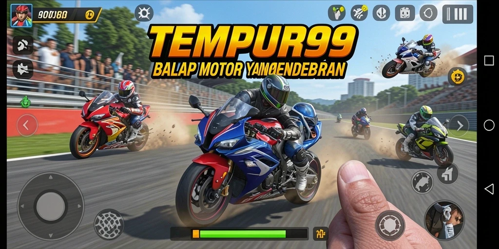 Tangkapan layar gameplay TEMPUR99 yang menunjukkan aksi balap motor yang seru.