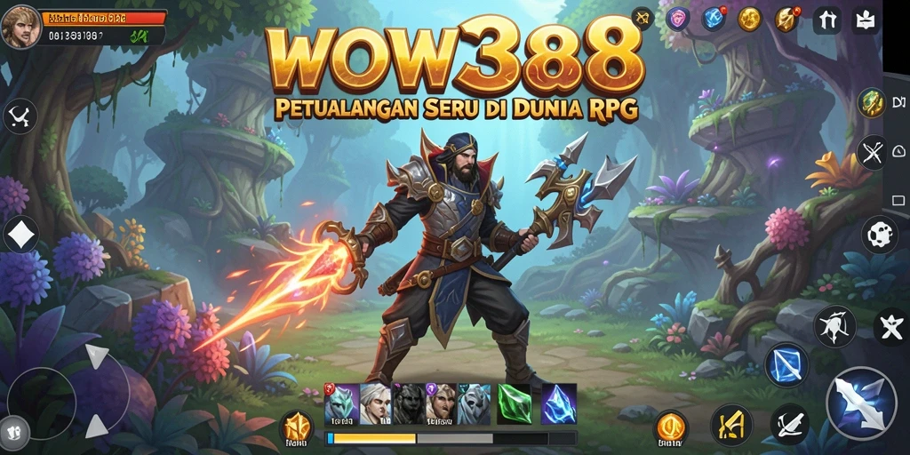 Screenshot utama WOW388 menampilkan karakter bertarung melawan monster dalam dunia RPG yang megah.
